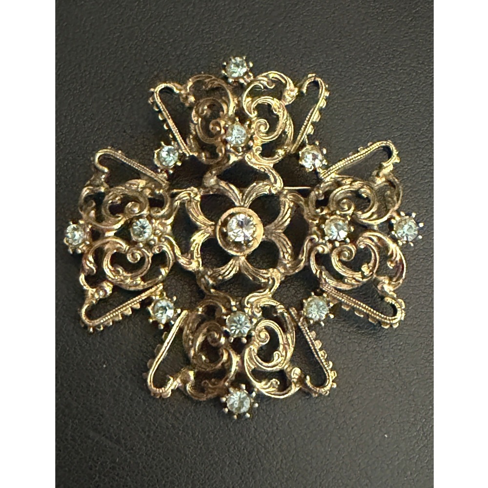 Vintage Rhinestone Maltese Cross Brooch Victorian Revival Gold Tone